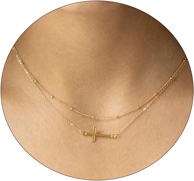 VIROMY Gold Cross Necklace for Women 14K Gold Plated Cute Sidways Cross Pendant Choker Necklaces Simple Trendy Everyday Jewelry for Women - Image 1